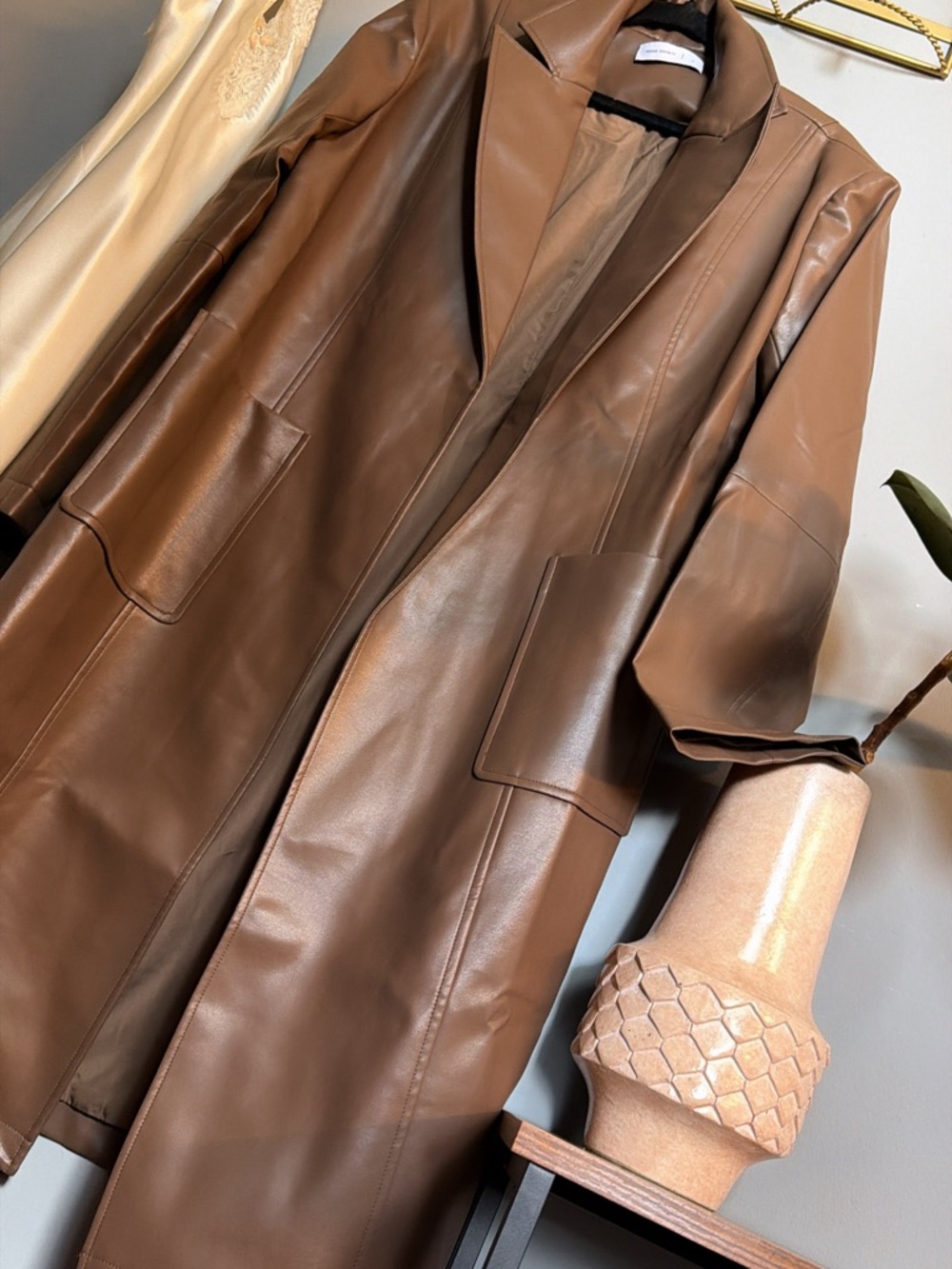 Mocha Brown Vegan Leather Coat |  Minimalist Trench | Quiet Luxury | L